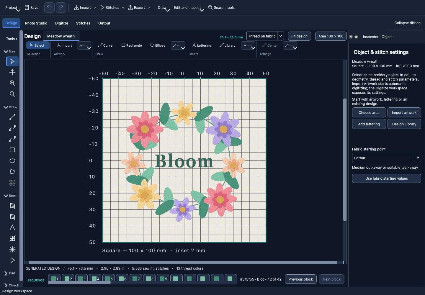Actual StitchoMR application showing a colorful floral wreath with editable Bloom lettering